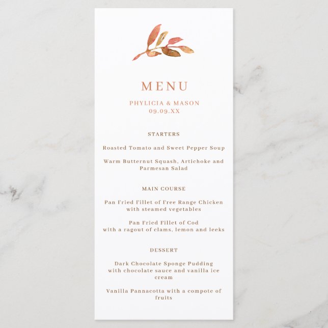 Elegant Autumn Löv Fall Wedding Menu Meny (Framsida)