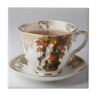 Elegant Autumn Waterfall Teacup Gold Trim Kakelplatta