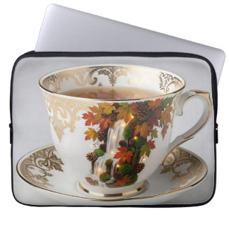 Elegant Autumn Waterfall Teacup Gold Trim Laptop Fodral