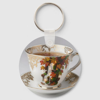 Elegant Autumn Waterfall Teacup Gold Trim Nyckelring