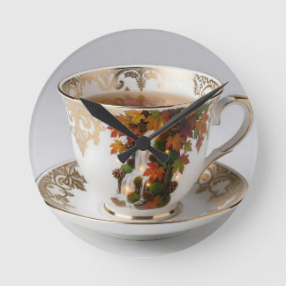 Elegant Autumn Waterfall Teacup Gold Trim Rund Klocka