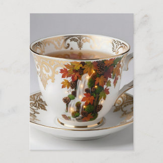 Elegant Autumn Waterfall Teacup Gold Trim Vykort