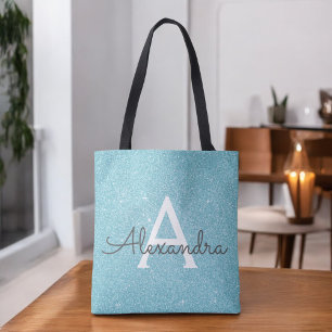 Elegant av Aqua Teal Blue Gnistra Monogram Bok Bag Tygkasse