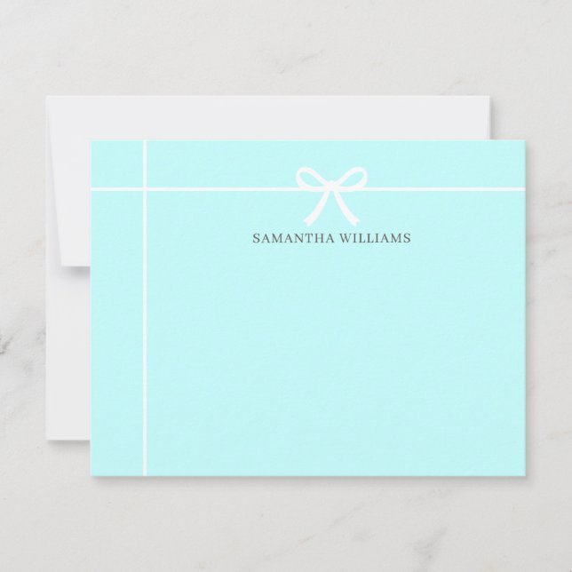 Elegant av blått band (Teal Blue White Ribbon Bow  Anteckningskort (Framsida)