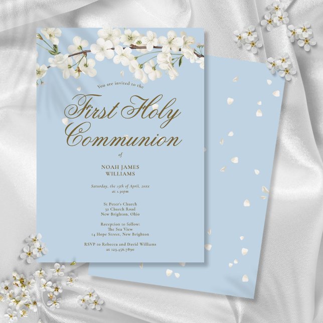 Elegant av Blommigten  för gemensam Blommar i förs Inbjudningar (First Holy Communion Blossom Floral Elegant Blue Invitation)
