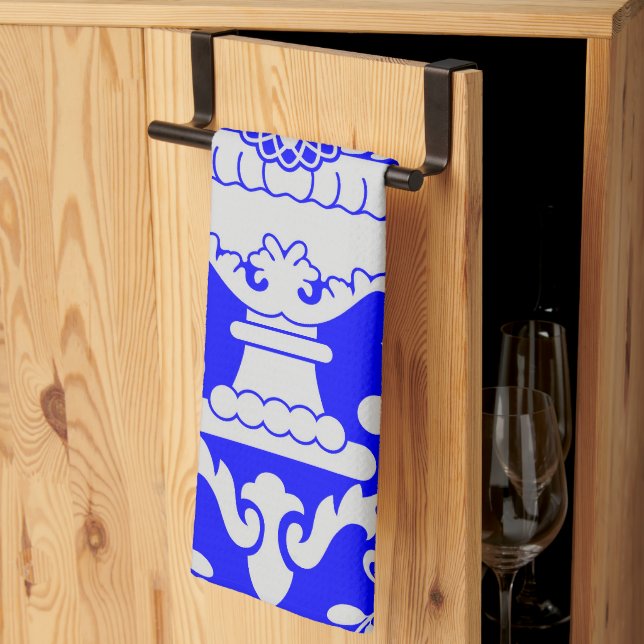 Elegant av Blommönstret Blått och vitt Kökshandduk (Thirds Fold)