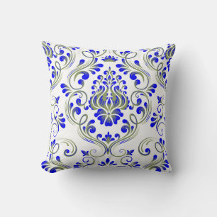 Elegant av Blommönstret Sage Grönt och Blue Damask Kudde