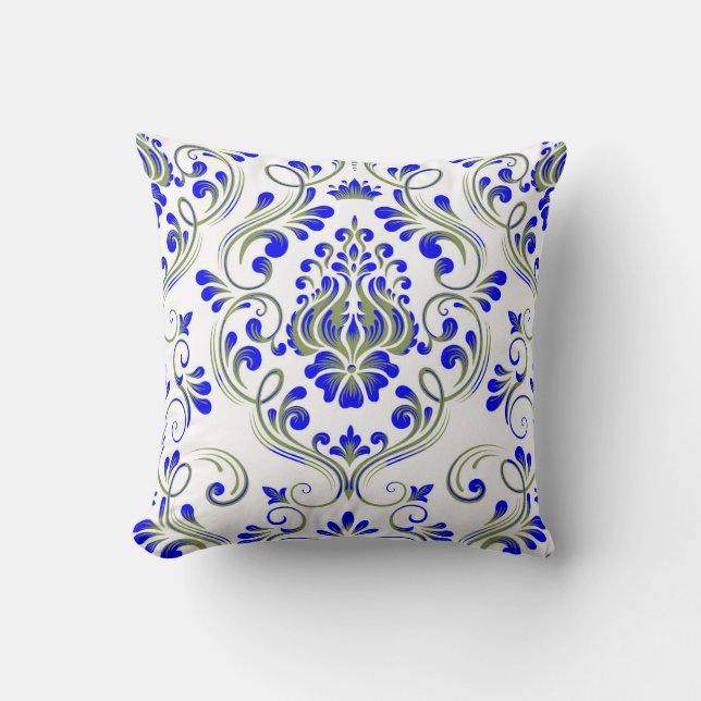Elegant av Blommönstret Sage Grönt och Blue Damask Kudde (Framsida)