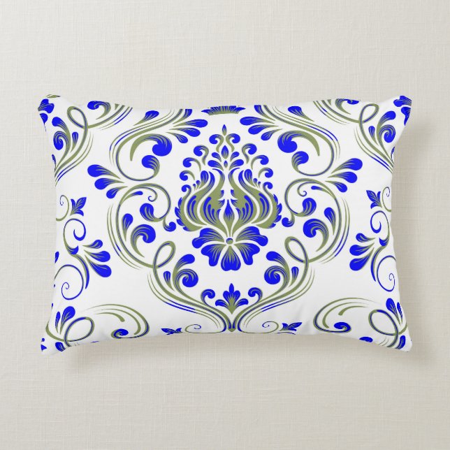Elegant av Blommönstret Sage Grönt och Blue Damask Prydnadskudde (Framsidan)