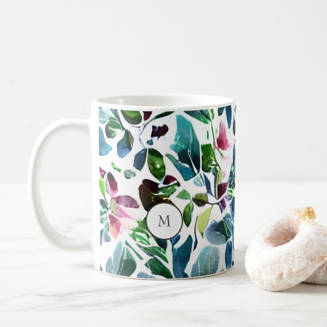 Elegant av botaniska blommor i vattenfärg med mono kaffemugg (Med munk)