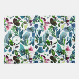 Elegant av botaniska blommor i vattenfärg med mono kökshandduk
