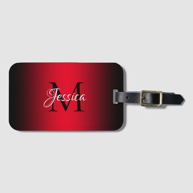 Elegant av Bright Red and Black Ombre Monogram Bagagebricka (Framsida horisontal)
