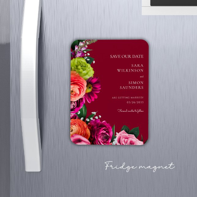 elegant av den moderna blommigten spara datumet magnet (fun burgundy colorful florals save the date fridge magnet)