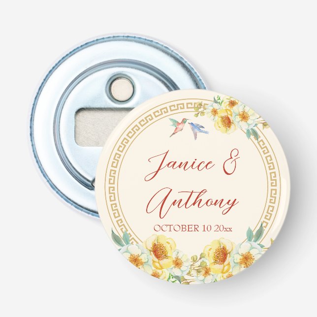 Elegant av fågel i gulten bröllop ram flasköppnare (Framsidan)