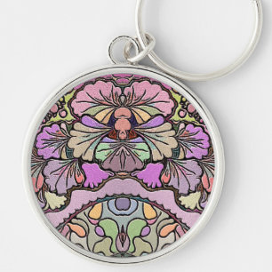 Elegant av färglös mosaik rosa pansy blommigt rund silverfärgad nyckelring