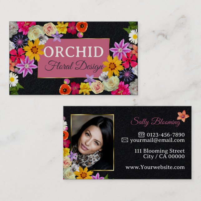 Elegant av fotomall Wildblommor Guld Black Cute Visitkort (Fram/baksida)