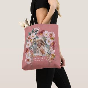 elegant av fotostudentfest för rosa blommigt med l tygkasse