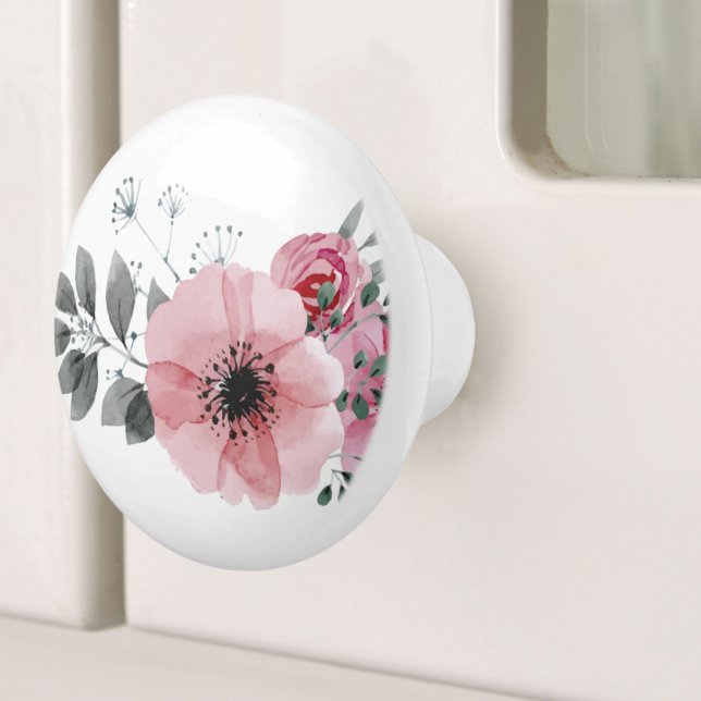 Elegant av grått-rosa-blommigt av botaniska chic knopp (Botanical chic floral elegant grey pink flower ceramic knob)