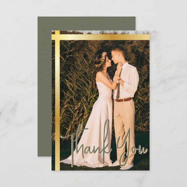 Elegant av guld Rand Sage Grönt  Photo Bröllop Tack Kort (Fram/baksida)