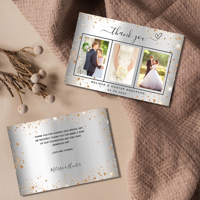 elegant av hjärtskript för foto guld i Bröllop sil Tack Kort (Skapare uppladdad)