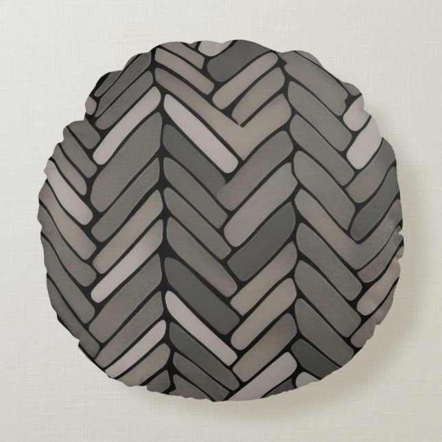 Elegant av kol och Grått Herringbone Geometric Rund Kudde (Framsidan)