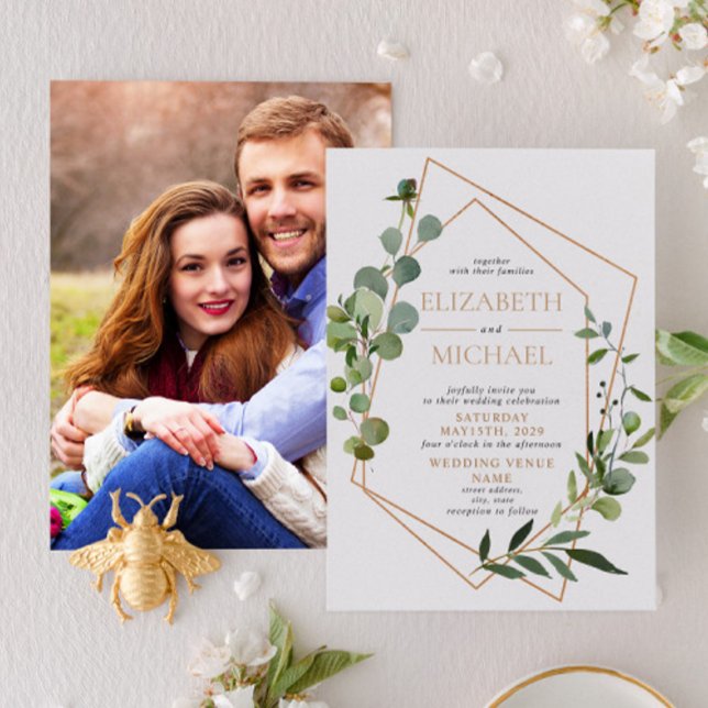 Elegant av koppargeometrisk eukalyptus Photo Bröll Inbjudningar (Skapare uppladdad)