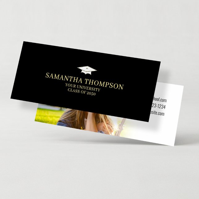 Elegant av kortet Studentmössa Student Namn Guld Mini Visitkort (Graduation simple name card with photo template in Classic black and gold. )