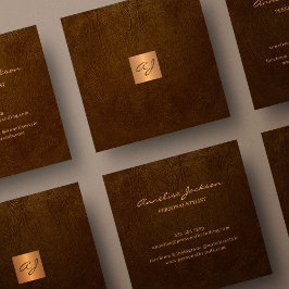 Elegant av lyxbrunt läderkoppar, guld monogram fyrkantigt visitkort