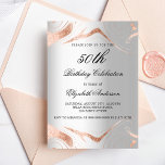 Elegant av marmor från silver vid guld inbjudningar<br><div class="desc">En faux silver tittar bakgrund. Dekorerad med ro guld-slangar. Anpassa och lägg till information om namn,  ålder och party. Namn är skrivet med ett handskript i stil</div>