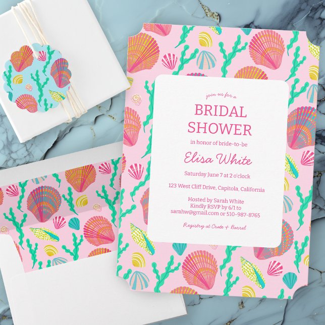 Elegant av Möhippa för  av ryggmärg för feminin AN Inbjudningar (Seashells Bridal Shower Elegant Feminine CUSTOM Invitation
)