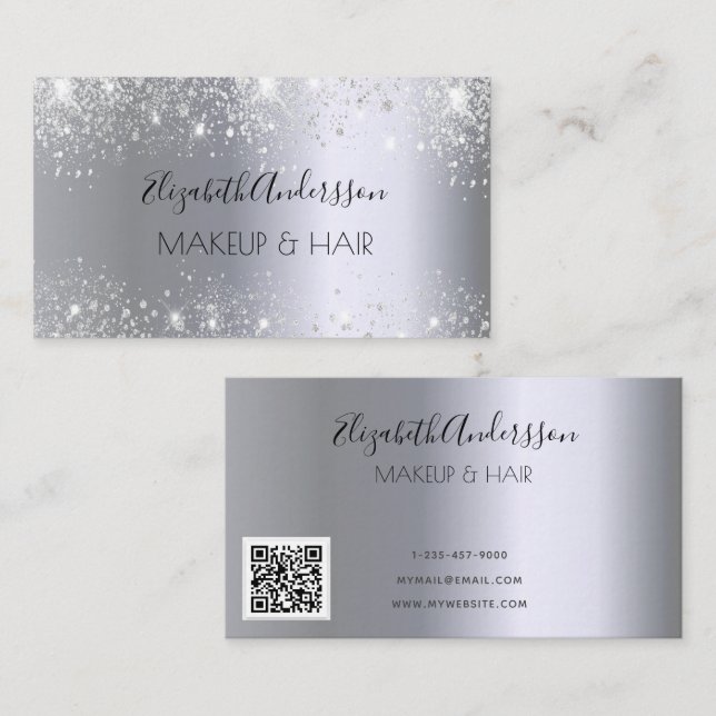 elegant av QR-kod för Silver glitter Visitkort (Fram/baksida)