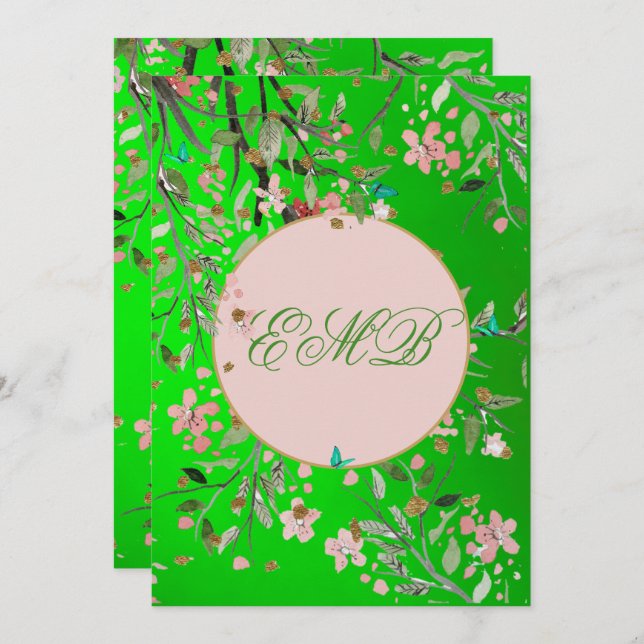 Elegant av Rosa av 90:e Blommigt Grönt  Monogram F Inbjudningar (Fram/baksida)