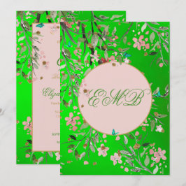 Elegant av Rosa av 90:e Blommigt Grönt Monogram F Inbjudningar