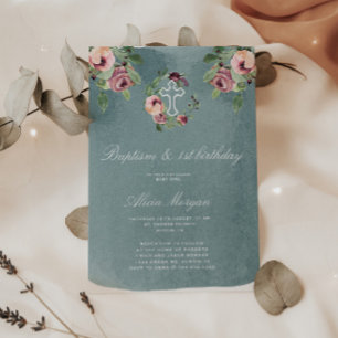 Elegant av Rosa Blommigt Baptism första födelseda Inbjudningar