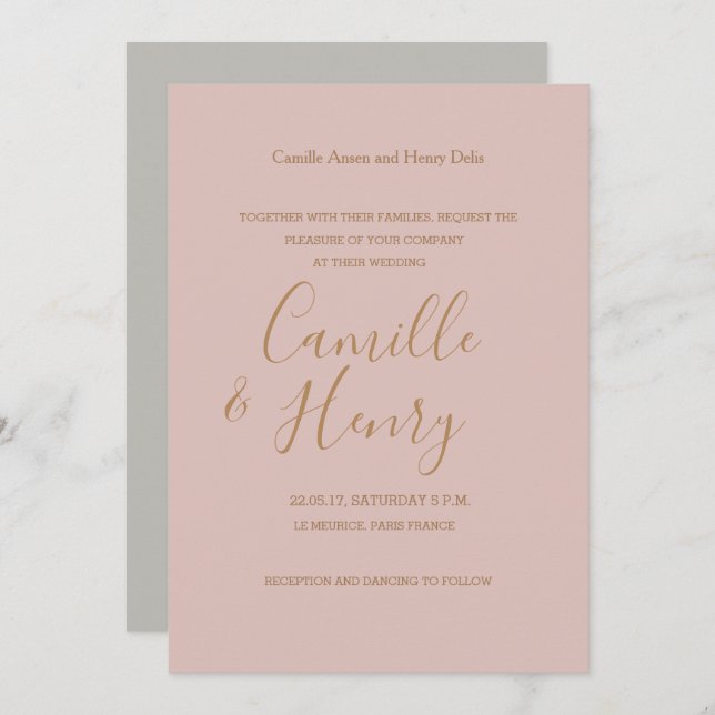 Elegant av  rosa grått guld moderna bröllop inbjudningar (Fram/baksida)