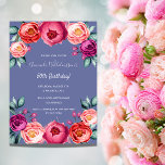 Elegant av  rosor i dagblått inbjudningar<br><div class="desc">Ett inbjudningskort för elegant för en 50:e (eller någon ålder) födelsedagsfest. Med  rosa,  lila och ro guld vattenfärgade blommor,  blommigtar som dekoration. Trendigets blå bakgrund. Namn är skrivet med ett handskript i stil.</div>