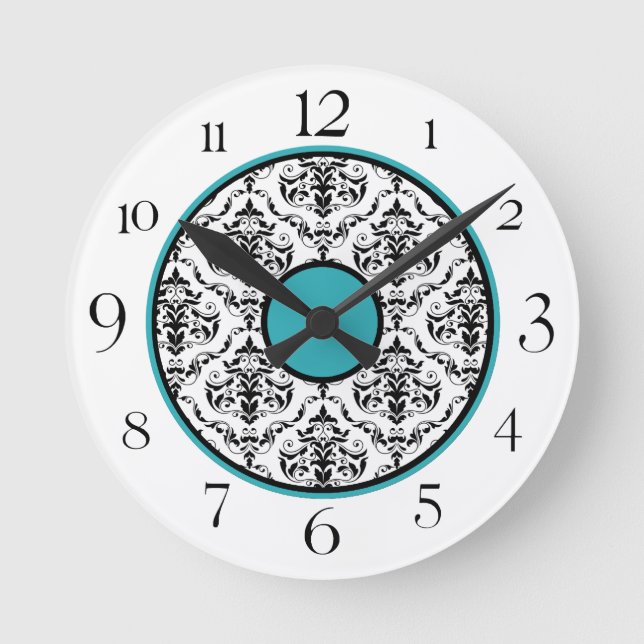 Elegant av Turcos Black & White Damask Round Clock Rund Klocka (Framsida)