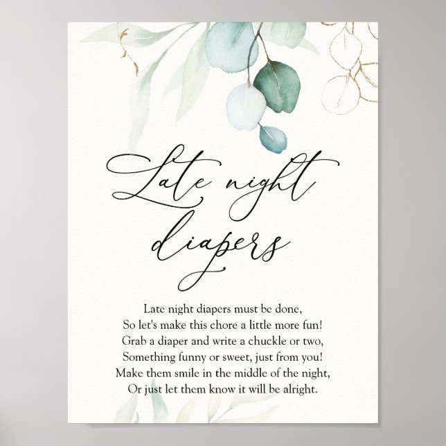 Elegant av vattenfärg Eucalyptus Late Night Diaper Poster (Framsidan)