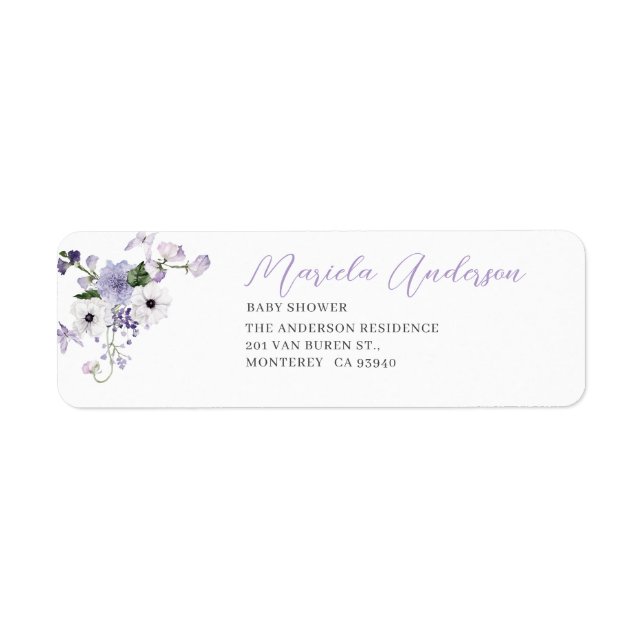 Elegant av vattenfärg Lilac blommor babydusch Returadress Etikett (Framsidan)