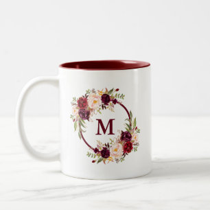 Elegant av vattenfärgen Burgundy-Blommigten Monogr Två-Tonad Mugg