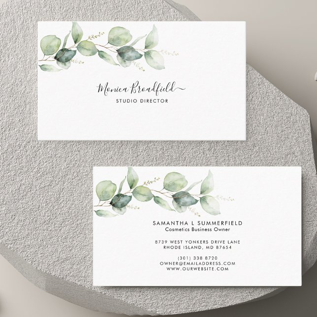 Elegant av vattenfärgen Eucalyptus Foliage Visitkort (Watercolor Eucalyptus Foliage Elegant Script Business Card)