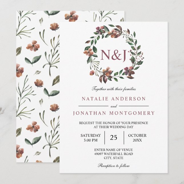 elegant av vattenfärgsblommor, blommigt, andningsb inbjudningar (Fram/baksida)