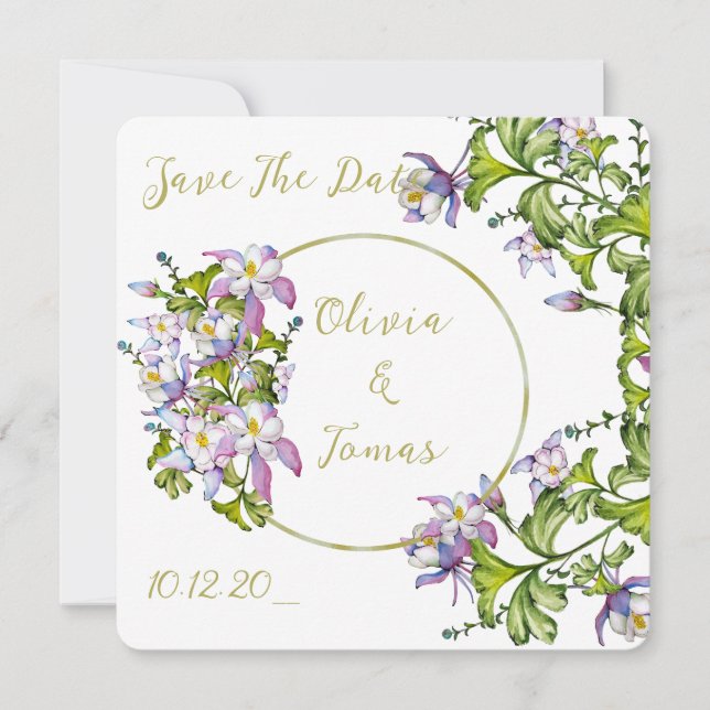 Elegant av vattenfärgskolumbiner inbjudningar (Framsida)