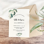Elegant av vitskript från Birthday Greenery ginkgo<br><div class="desc">Framsida: en vit snyggt som dekoreras med enkla guldginkgo-löv. Anpassa och lägg till ditt namn och information om party. Tillbaka: Bakgrund till grönten.</div>