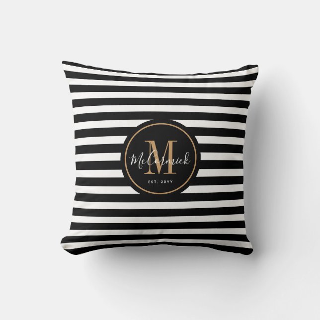 Elegant Awning Rand Black White Namn Monogram Kudde (Framsida)