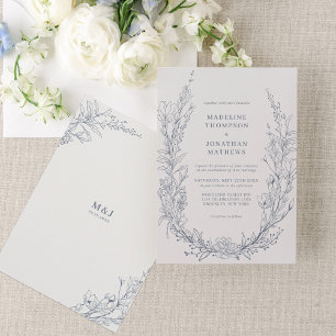 Elegant Azure Blommigt Wandan Monogram Bröllop Inbjudningar