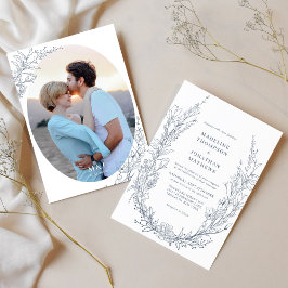 Elegant Azure Ivory Blommigt Monogram Photo Bröllo Inbjudningar