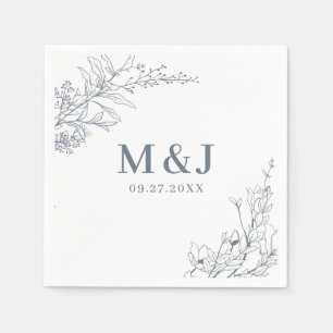 Elegant Azure Ivory Blommigt WAN Monogram Bröllop Pappersservett