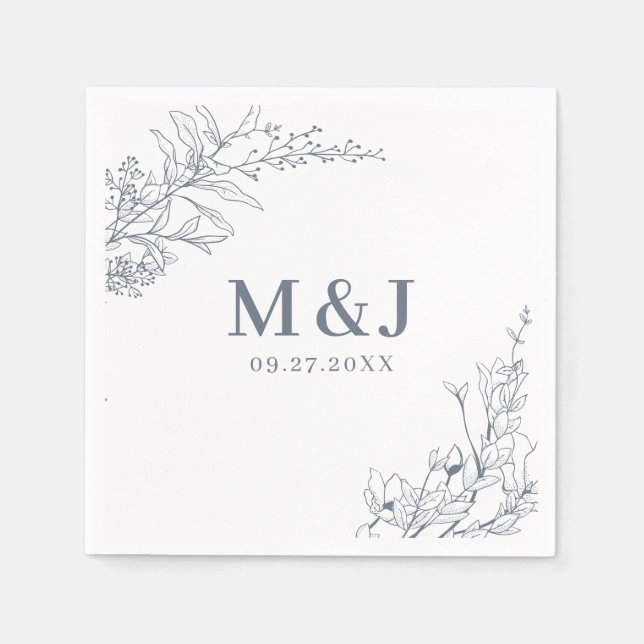 Elegant Azure Ivory Blommigt WAN Monogram Bröllop Pappersservett (Framsidan)