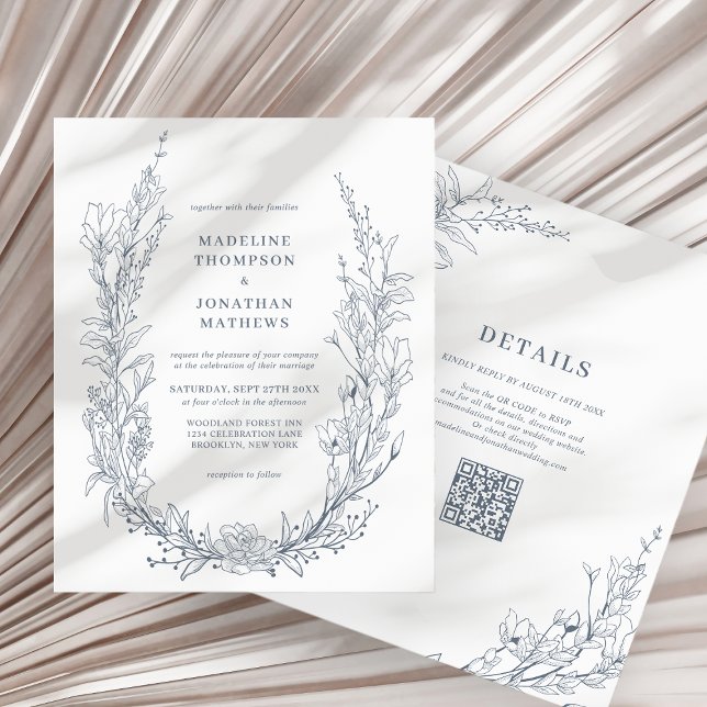 Elegant Azure Ivory Blommigt WAN QR-kod Bröllop (Skapare uppladdad)